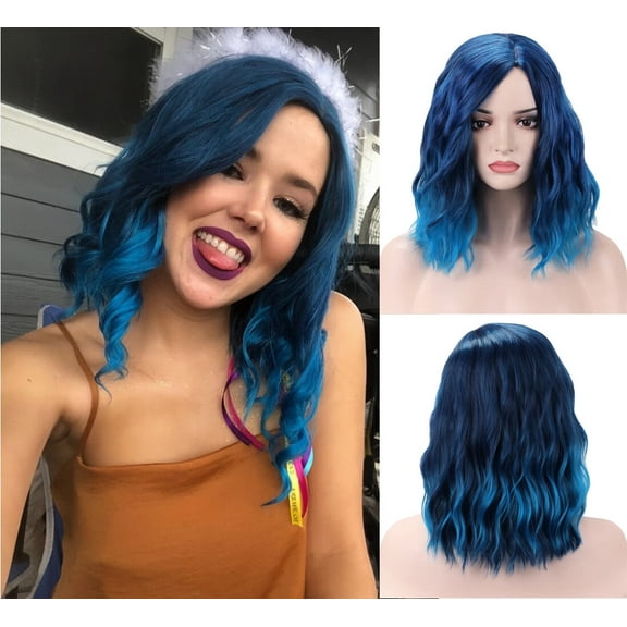UTOURS Blue Wig for Women Mix Blue Wig Short Curly Wavy Bob Wig Blue Ombre Wigs Charming Beach Wave Hair Wigs with Wig Cap