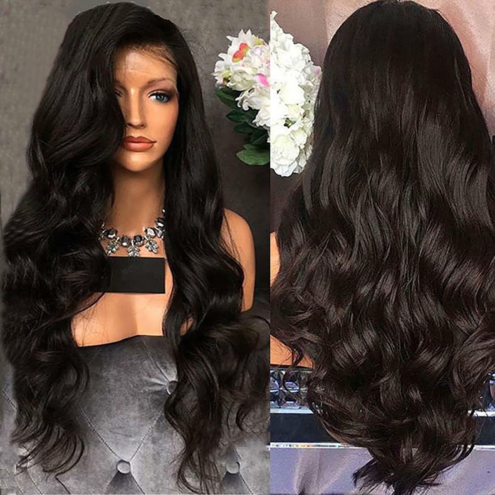 UTOURS Brazilian Virgin Hair Full Lace Cap Band Human Hair Wigs For Black Women Long Curly Black Wig, Centre Parting, Women’s Wigs,Natural Synthetic
