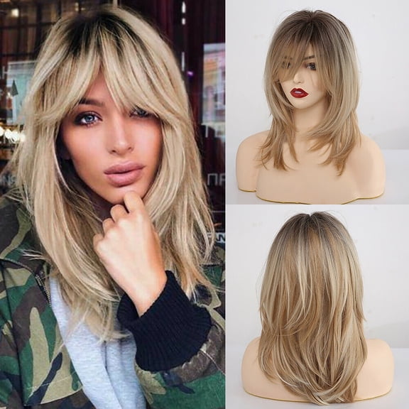UTOURS Brown Mixed Natural Blonde Wavy Ombre Synthetic Hair Wigs With Bangs For Women