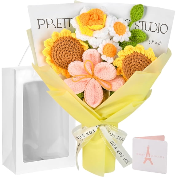 UTOURS Crochet Flower Bouquet, Crochet Flowers Handmade Yellow Roses Sunflowers Bouquet, Romantic Gift for Her, Wedding, Anniversary, Birthday Gift for Women Wife Lover Friends