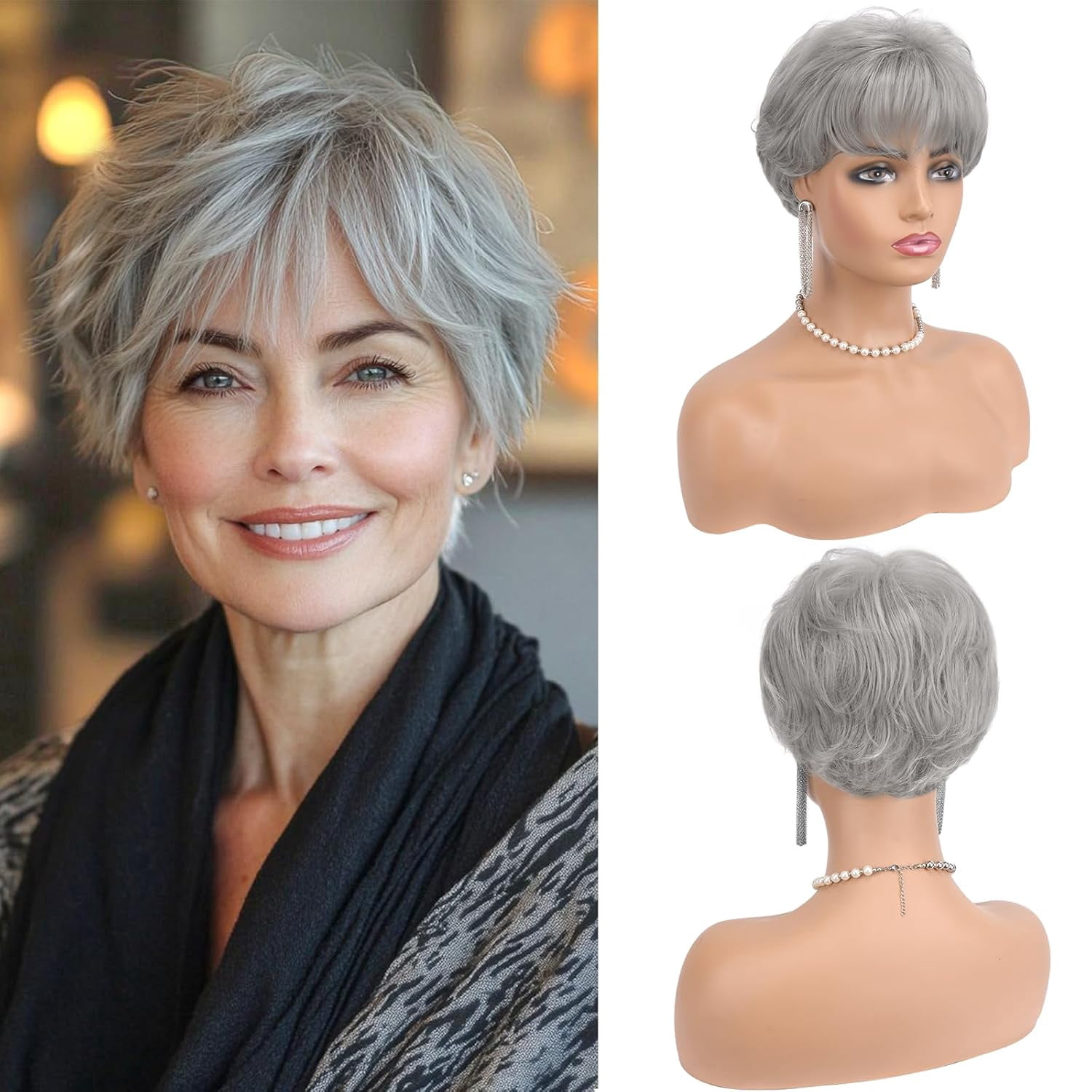 UTOURS Grey Pixie Wigs for Women - Gray Short Natural Layered Haircut Synthetic Heat Resistant Hair Wig for Daily Costume