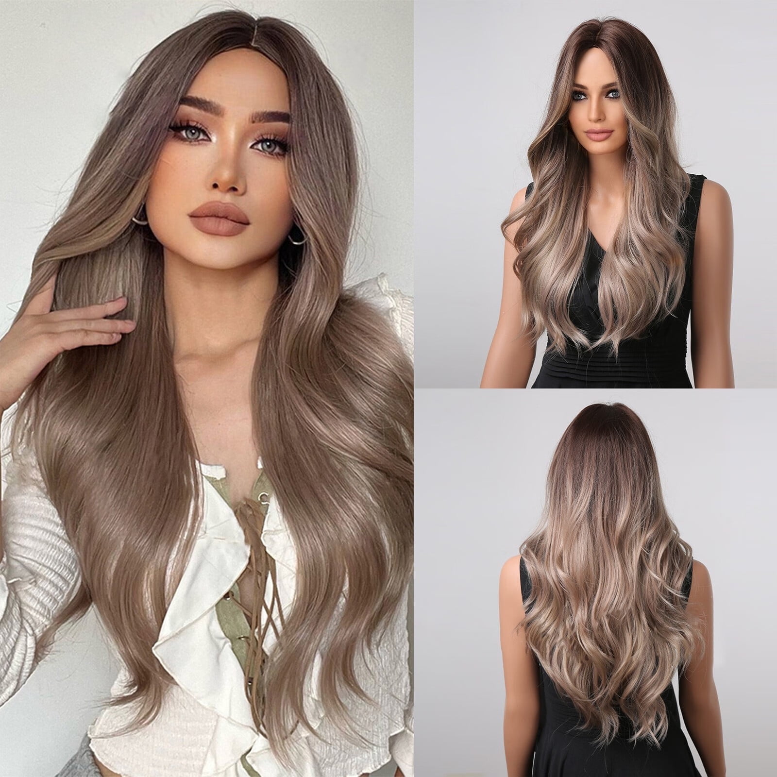 UTOURS Human Hair Wigs For Women 24in/60cm Long Wavy Gradient Brown Women'S High Temperature Silk Wig Suitable For Party Festival Cosplay