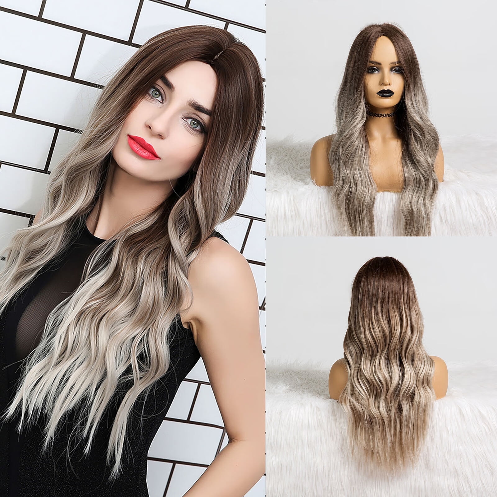 UTOURS Human Hair Wigs For Women Black Color Natural Lace Hair Long Pear Flower Curly Wig Brown And White Gradient Color Wig