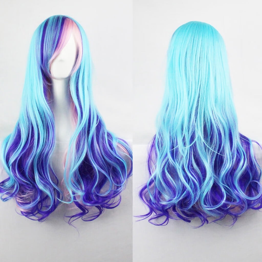 UTOURS Human Hair Wigs For Women Cosplay Wavy Long Wigs Blue Curly Wig Extensions Synthetic Hair Sexy Fashion wig
