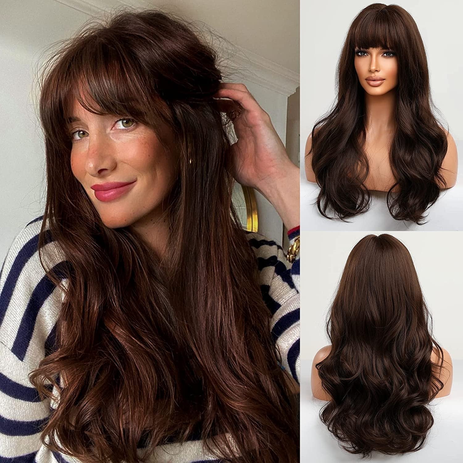 UTOURS Long Auburn Wig with Bangs Layered Curly Orange Wigs for Women Natural Synthetic Wigs for Daily Use