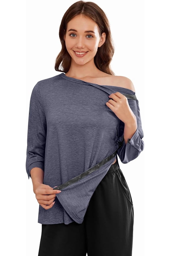 Post Shoulder Surgery Shirts for Women Tear Away 3/4 Tops After Rotator Cuff Shirts Chemo Port Adaptive Clothing