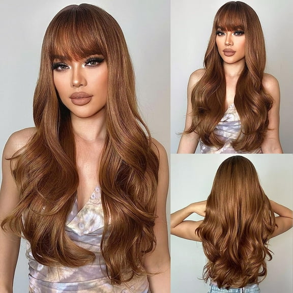 UTOURS Red Wigs with Bangs, Wine Red Wigs for Women Long Wavy Wigs with Dark Roots Ombre Burgundy Wigs Natural Looking Synthetic Heat Resistant Fiber for Daily Party Use (26Inch)