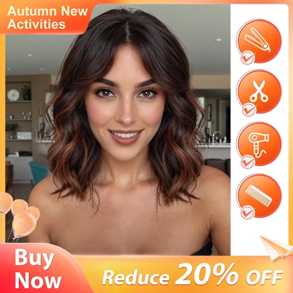 UTOURS Short Wavy Bobo Human Hair Brown Mixed Color Wig Curly Hair Medium Short Hair