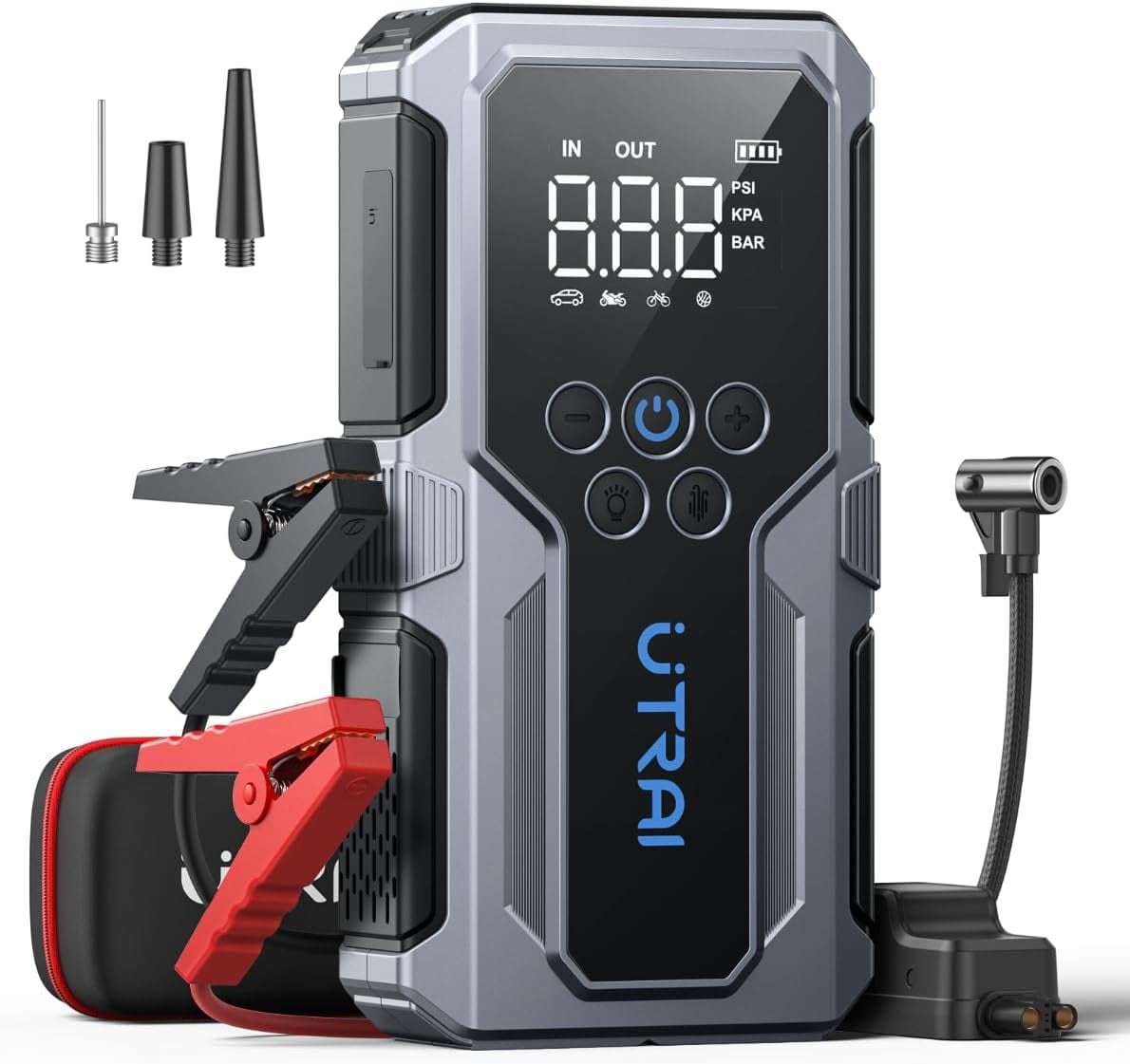 Walmart savings: UTRAI 3000A Car Jump Starter with Air Compressor 150PSI, 12V Car Battery Charger Power Jumper Starter Pack with 18W QC Power Bank, LED Screen, 3 Modes Flashlight