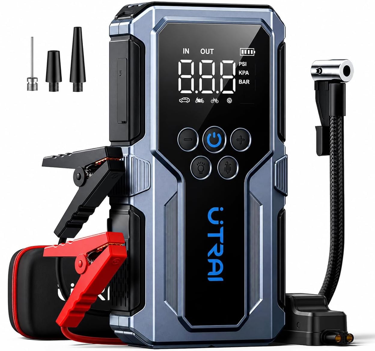 4000A Jump Starter with Air Compressor 150PSI 12V Battery Booster QC 18W LED Flashlight for 8.5L Gas & 6.5L Diesel |  UTRAI