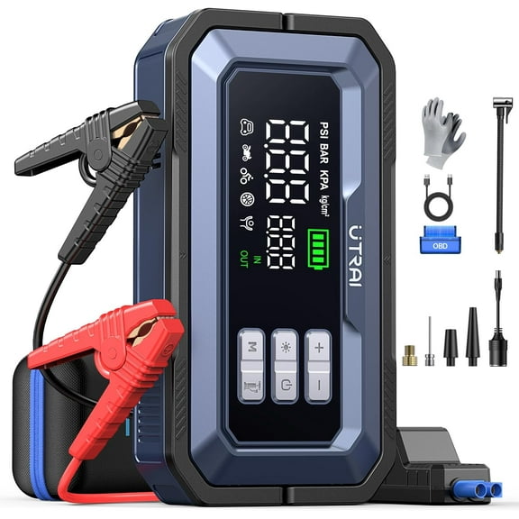 UTRAI 7000A Car Jump Starter with Smart OBD for All Gas and 12V Diesel, 150PSI Car Air Compressor, 18W Quick Charge, LED Spotlight