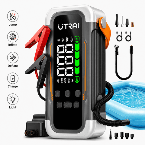 UTRAI 6000A Jump Starter with 150PSI Air Compressor, Air Blower & PD30W for Gas and 12L Diesel