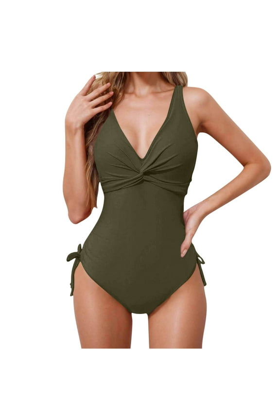 $10 & under Women's One Piece Swimsuits 2025 Tummy Control Bathing Suits Push Up V Neck Swimwear with Twist Tummy Control Ruched Bikini with Side Ties Army Green M