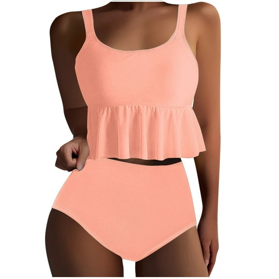 UTSJKR $10 & under Cute Two Piece Bathing Suits Women Ruffle Flounce Crop Top High Waisted Bikini Set Swimsuit Tummy Control Swimwear Pink S
