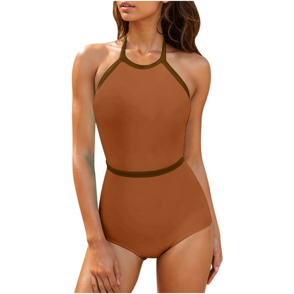 UTSJKR $10 & under Womens One Piece Swimsuits Backless High Neck Tummy Control Color Block Halter Tie Bathing Suits Halter Surfing Swimsuit Brown XXL