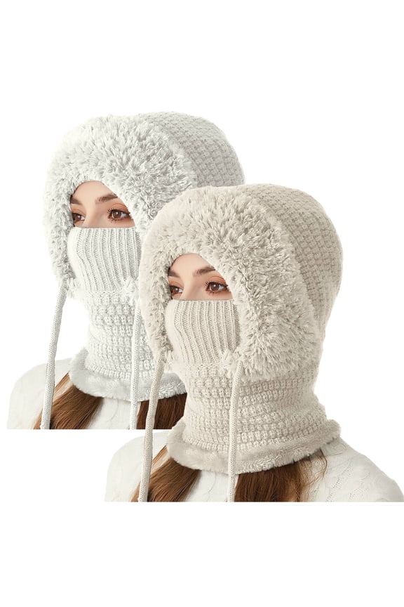 2 Pack Women Fashion Solid Color Integrated Warm Knit Hat, Wind Blocking Neck Protection Design, Cold Resistant Daily Casual Headwear for Autumn Winter Beige M