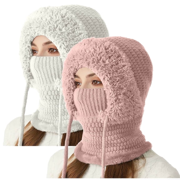 UTSJKR 2 Pack Women Fashion Solid Color Integrated Warm Knit Hat, Wind Blocking Neck Protection Design, Cold Resistant Daily Casual Headwear for Autumn Winter Pink M