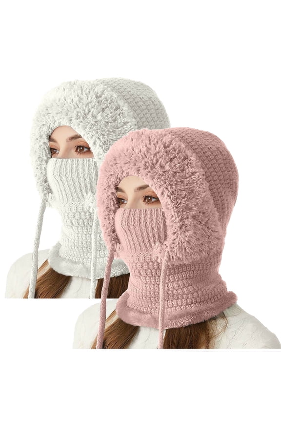 2 Pack Women Fashion Solid Color Integrated Warm Knit Hat, Wind Blocking Neck Protection Design, Cold Resistant Daily Casual Headwear for Autumn Winter Pink M