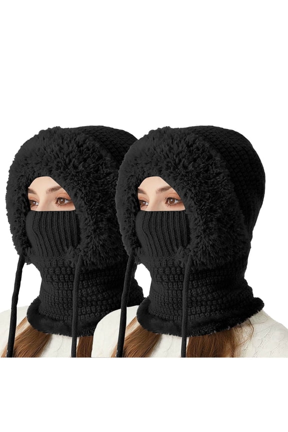 2 Pack Womens Thermal Warm Integrated Knit Beanie Hat With Neck Cover, Thick Plush Lining Windproof Cold Proof Headwear for Women Autumn Winter Daily Matching Black M