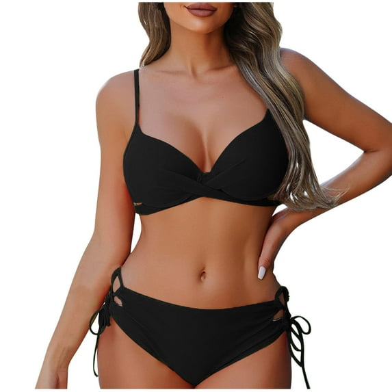 UTSJKR 2 Piece Bathing Suits for Women Criss Cross Bikini Sets Sexy Push Up Swimsuits Lace Up Swimwear Comfor Beachwear Black XL
