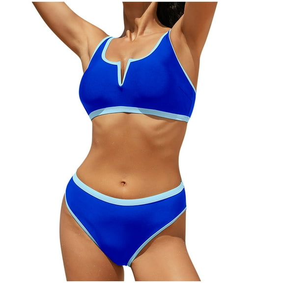 UTSJKR 2 Piece Bathing Suits for Women Drawstring Tummy Control Swim Suits Color Block Full Coverage Bathing Suits Swimwear Blue XL