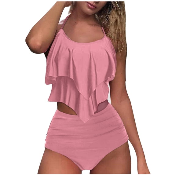UTSJKR 2 Piece Bikini Sets for Women High Waisted Ruffle Halter Swimsuit Trendy Bathing Suits Push Up Summer Beach Wear Pink 12