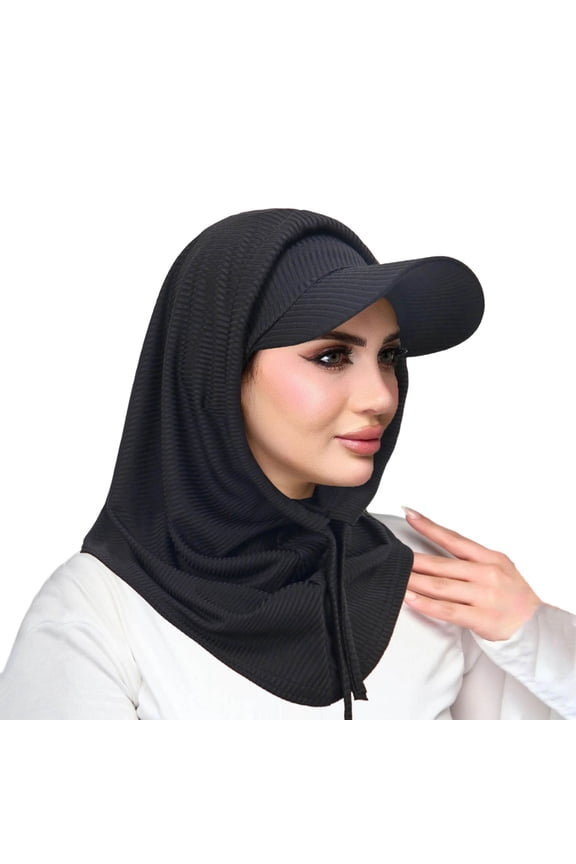 2-in-1 Muslim Lace Hijab Baseball Cap, Ribbed Knit Adjustable Modest Headscarf Daily Fashion Wear Black