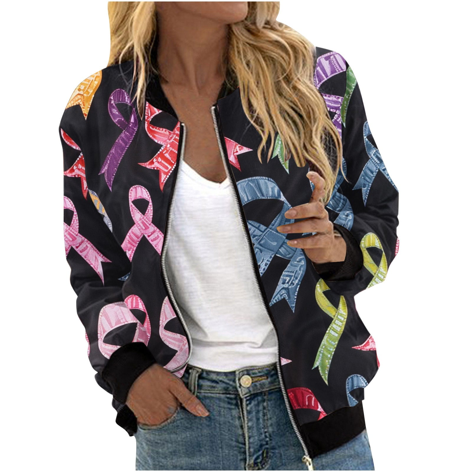 UTSJKR 2024 Fall Breast Cancer Zipper Jackets for Women Trendy Ribbon