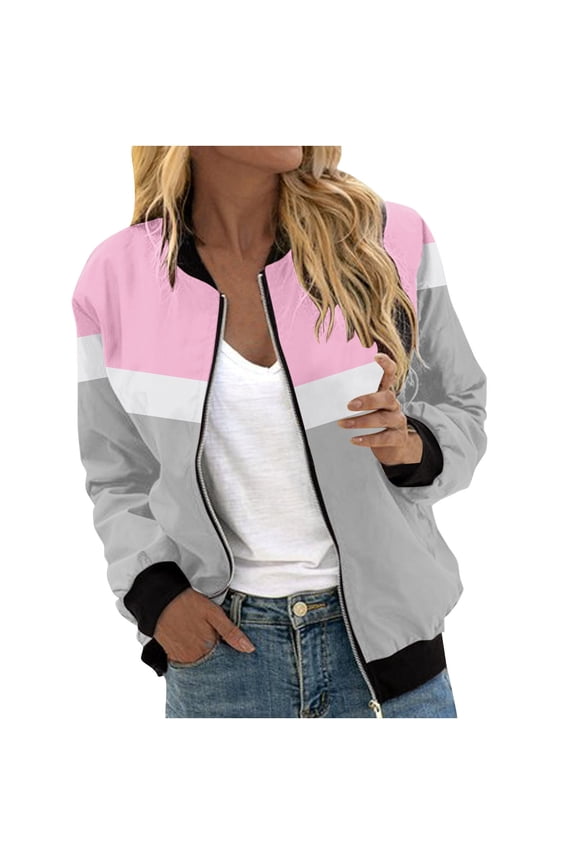 2024 Fall Fashion Bomber Jackets For Women Trendy Full Zip Up Coats Casual Lightweight Color Block Long Sleeve Outerwear With Pockets Gray S