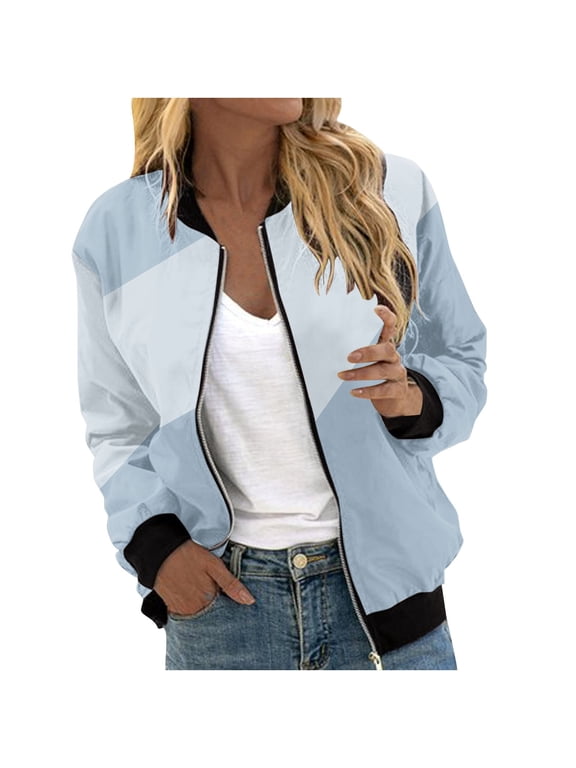 2024 Fall Fashion Bomber Jackets For Women Trendy Full Zip Up Coats Casual Lightweight Color Block Long Sleeve Outerwear With Pockets Light Blue M