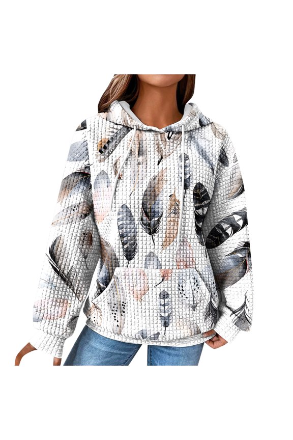 2024 Fall Fashion Print Hoodies for Women Trendy Waffle Knit Long Sleeve Sweatshirt Casual Loose Oversized Pullover Tops with Pocket White S