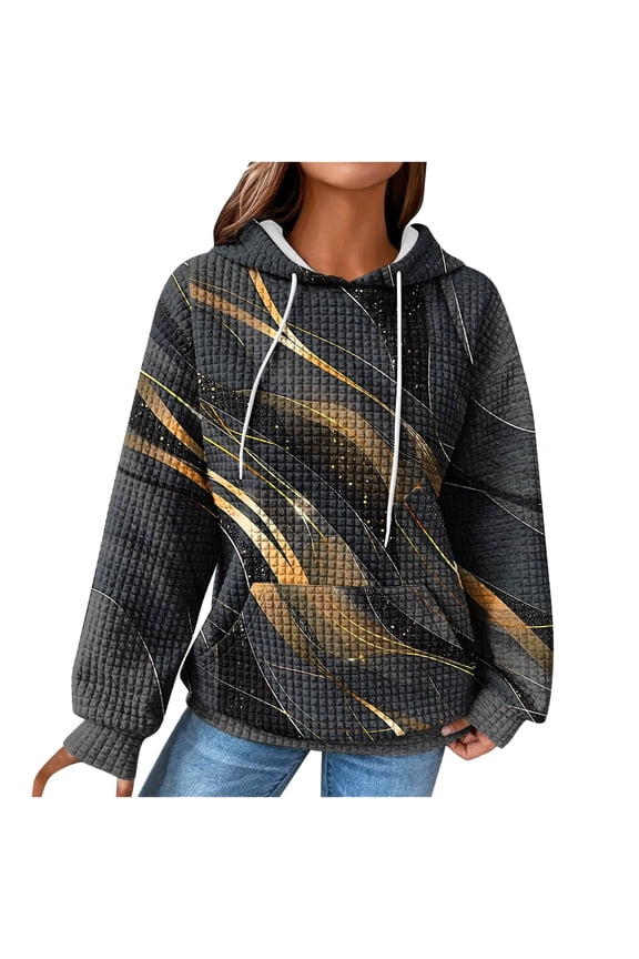 2024 Fall Fashion Print Hoodies for Women Trendy Waffle Knit Long Sleeve Sweatshirt Casual Loose Oversized Pullover Tops with Pocket Gray S