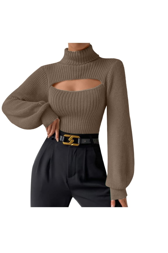 2024 Fashion Women's Cut Out Turtleneck Sweaters Slim Fit Eyelet Detail Rib Knit Bishop Long Sleeve Tops Pullover Sweaters Brown XS