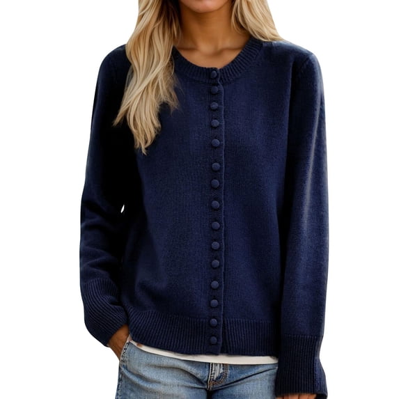 UTSJKR 2025 Cardigan Sweaters for Women Long Sleeve Crew Neck Fall Winter Casual Button Down Open Front Knit Cardigans Coat Navy S