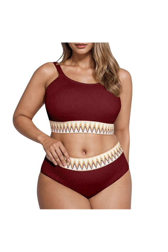 2025 Plus Size Ribbed Knit Swimsuits for Women 2 Piece Boho Bathing Suits High Waisted Tummy Control Bikini Swimwear Red XXL
