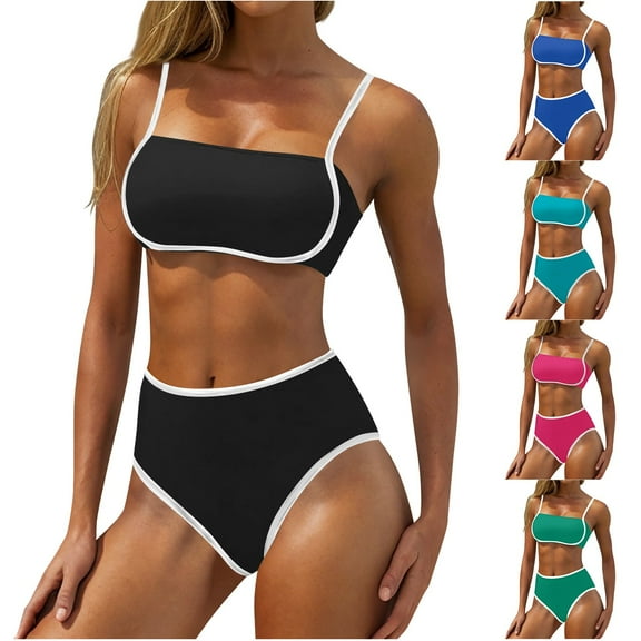 UTSJKR 2025 Women's High Waisted Bikini Sets Two Piece Swimsuit Color Block High Cut Bathing Suits Beach Fashion Black M