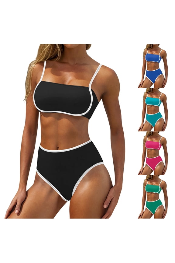 2025 Women's High Waisted Bikini Sets Two Piece Swimsuit Color Block High Cut Bathing Suits Beach Fashion Black M