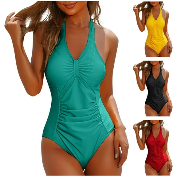 UTSJKR 2025 Women's Modest Tummy Control Ruched One Piece Swimsuits Halter V Neck Bathing Suit Beach Cheeky Swimwears Green L