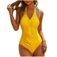 thumbnail image 1 of UTSJKR 2025 Women's Modest Tummy Control Ruched One Piece Swimsuits Halter V Neck Bathing Suit Beach Cheeky Swimwears Yellow L, 1 of 9