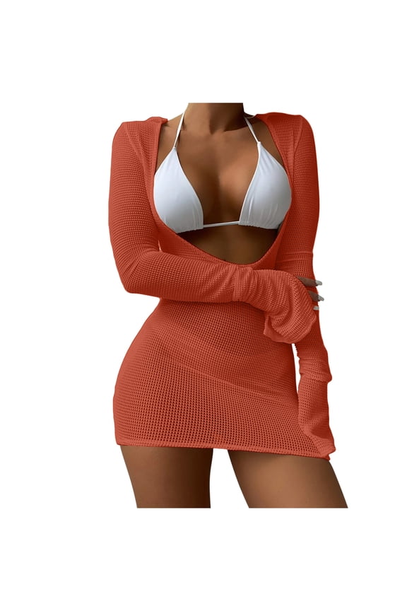 2026 Flattering 3 Piece Fishnet Dress Cover Up Bikini Set Vacation Outfits Long Sleeve Sheer Beach Swimwear Beachwear Orange S