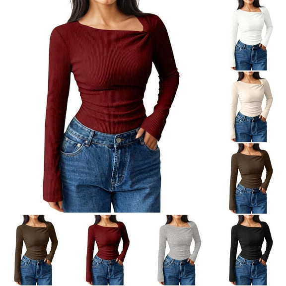 UTSJKR 2026 Trendy Long Sleeve T-Shirts Solid Color Ribbed Oblique Collar Pleated Slim Fit Casual Top Spring Fall Tops Beige XL