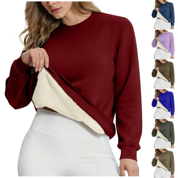UTSJKR 2026 Women Crewneck Sweatshirt Warm Sherpa Lined Thermal Sweatshirts Heavyweight Long Sleeve Winter Fleece Pullover Wine XXL