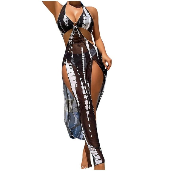 UTSJKR 3 Piece Bikini Set with Cover Up Mesh Women Sexy Halter Neck Bathing Suits Cutout Side Swimsuit Slit Dress with Thong Black XL