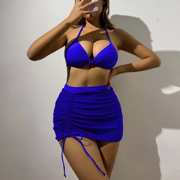 UTSJKR 3-Piece Halter Bikini Set for Women - Summer Fashion Solid Triangle Top Swimsuit with Ruched Cover-Up Skirt Blue L