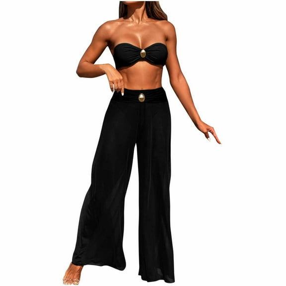 UTSJKR 3 Piece Swimsuits for Women Tummy Control Bikini Set with Beach Cover Up Mesh Pants Sexy Tube Tops Swimwear Black XL