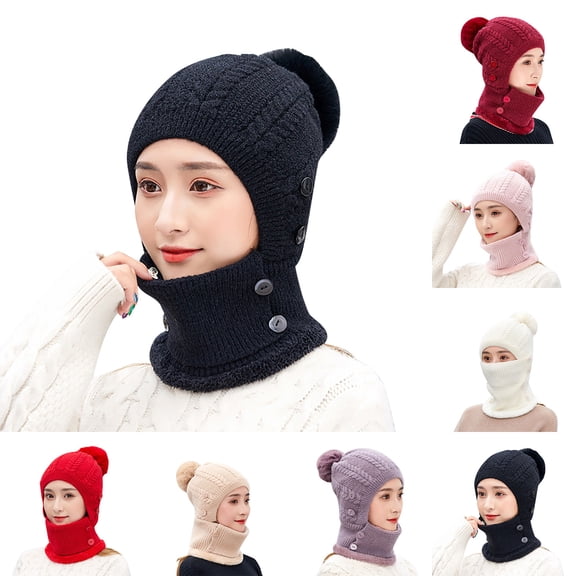 UTSJKR 3 in 1 Winter Knitted Beanie Hat Face Neck Warmer Set for Women Girls Fleece Lining Ski Caps with Pompom Pink