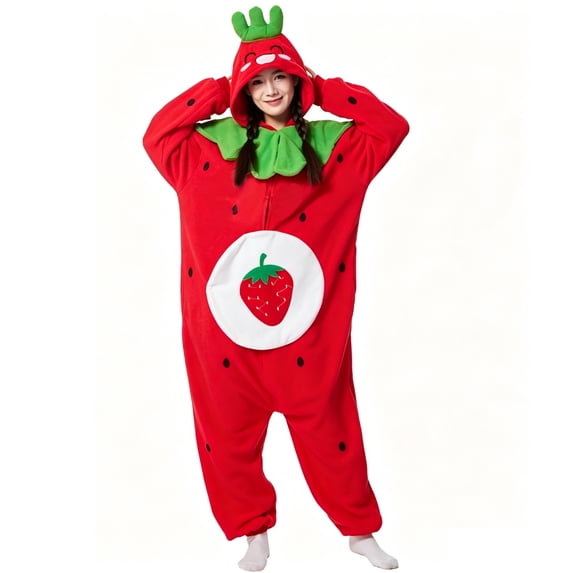 UTSJKR Adult Onesie Strawberry Costume Pajamas Cosplay Fruits Homewear Halloween Unisex Sleepwear Jumpsuit for Men Women Red S
