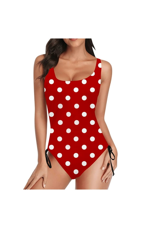 American Trends One Piece Swimsuit Women U Neck Polka Dot Print Bathing Suits Athletic Modest Swimwear Red XL