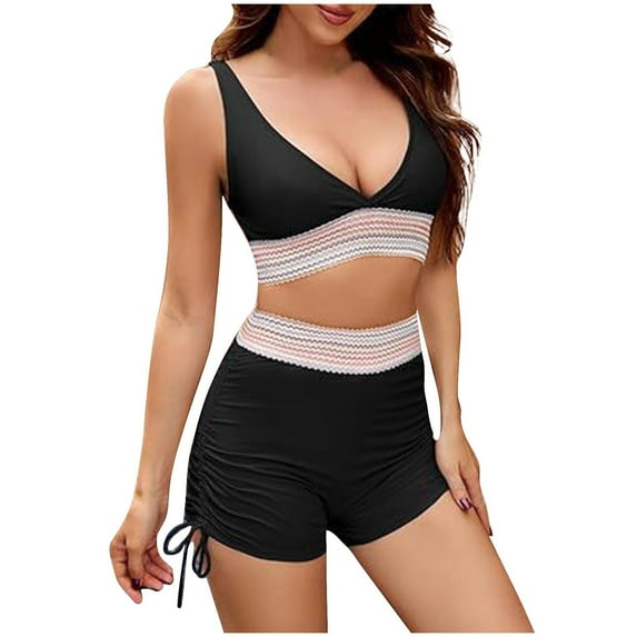 UTSJKR Athletic Swimsuits for Women 2 Piece Bathing Suits High Waisted Tummy Control Swimwear Tankini Tops with Boyshorts Black M