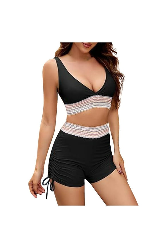 Athletic Swimsuits for Women 2 Piece Bathing Suits High Waisted Tummy Control Swimwear Tankini Tops with Boyshorts Black M